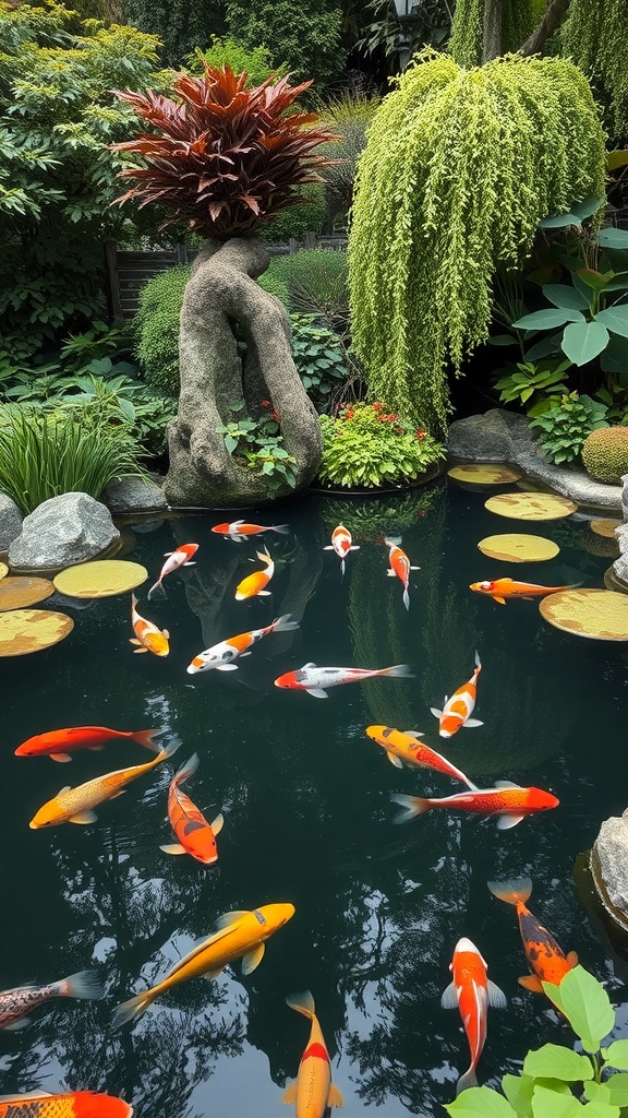 A tranquil koi pond with colorful koi fish, surrounded by lush greenery and unique rock formations.