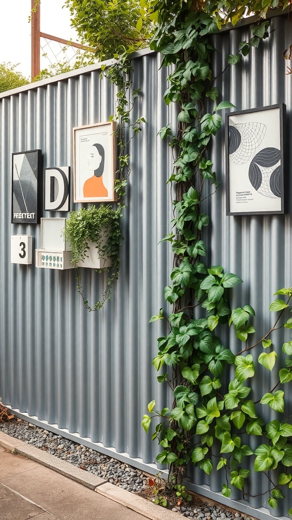A modern metal garden wall featuring framed art and climbing plants.