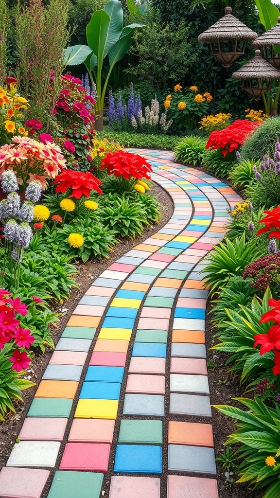 A colorful garden path made of vibrant pavers surrounded by blooming flowers.