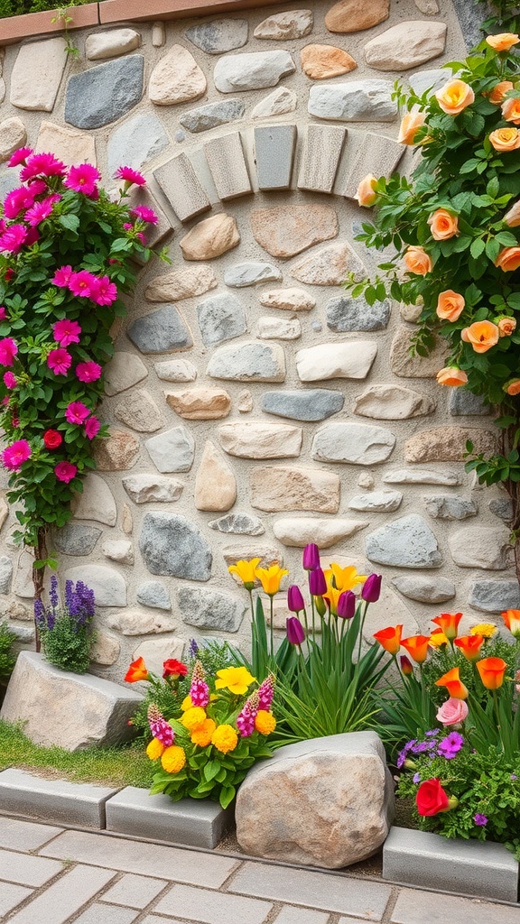 A rustic stone garden wall adorned with colorful flowers and greenery.