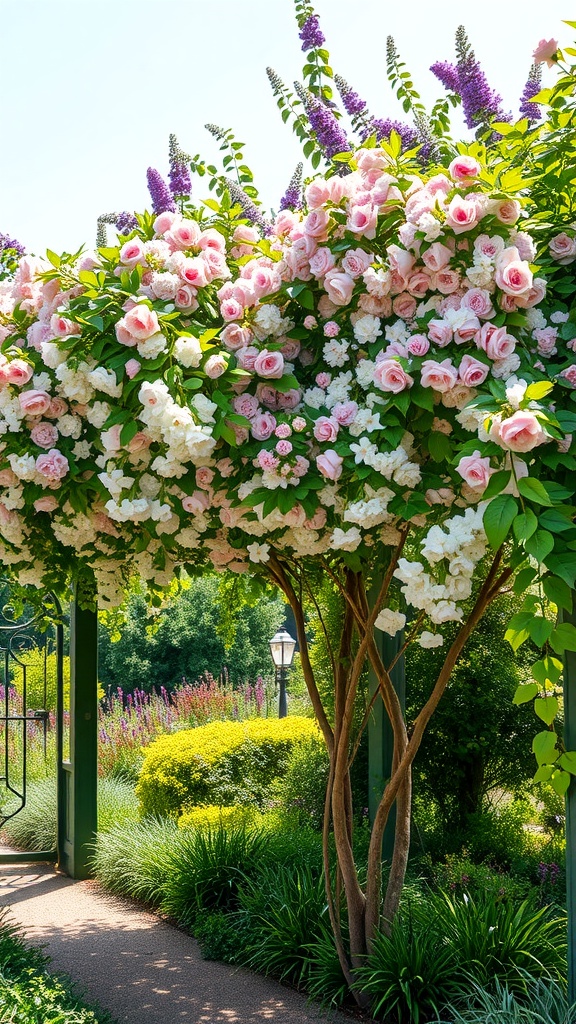 A beautiful floral canopy made of pink roses and white flowers, creating a stunning archway in a garden.