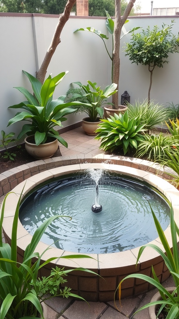 A circular pond with a fountain surrounded by lush green plants in a terrace garden.