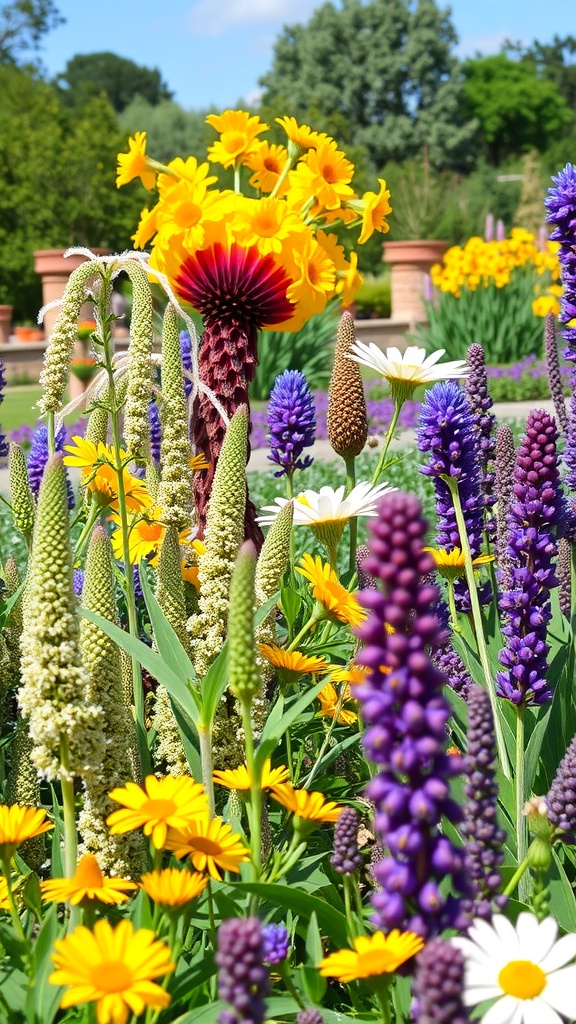 A vibrant botanical garden with colorful flowers and a visitor enjoying the scenery.