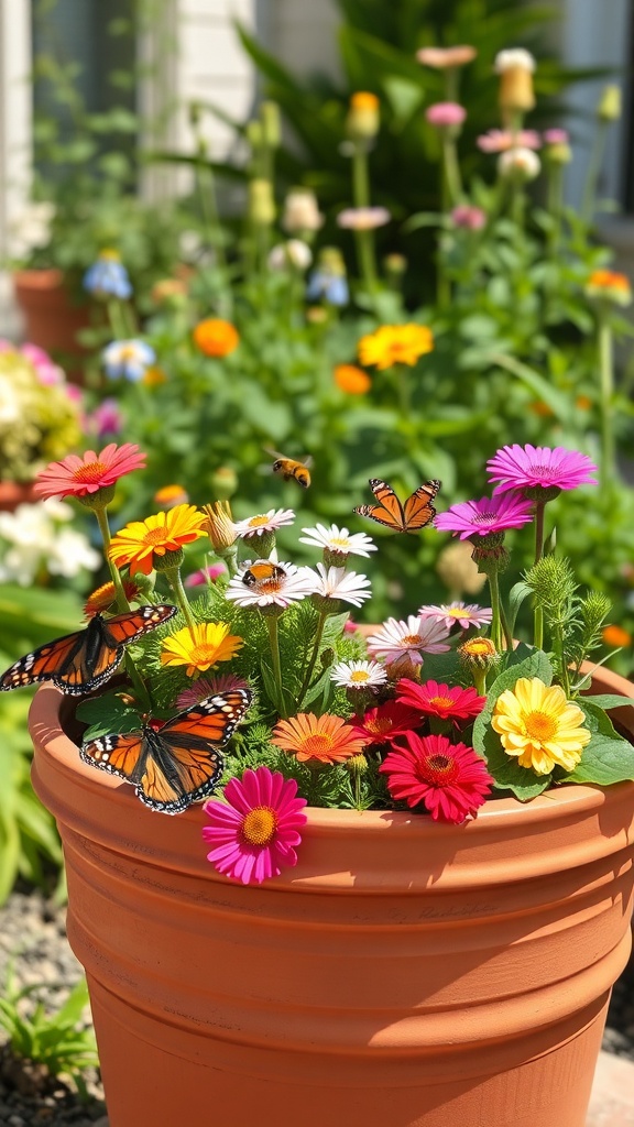 A terracotta planter filled with colorful flowers, attracting butterflies and bees.