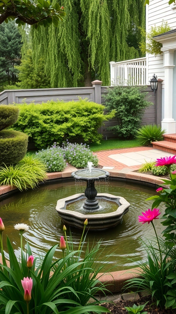 A beautiful front garden featuring a fountain surrounded by colorful flowers and lush greenery.