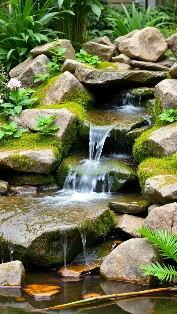 A beautiful natural stone cascade with water flowing over rocks, surrounded by greenery and plants.