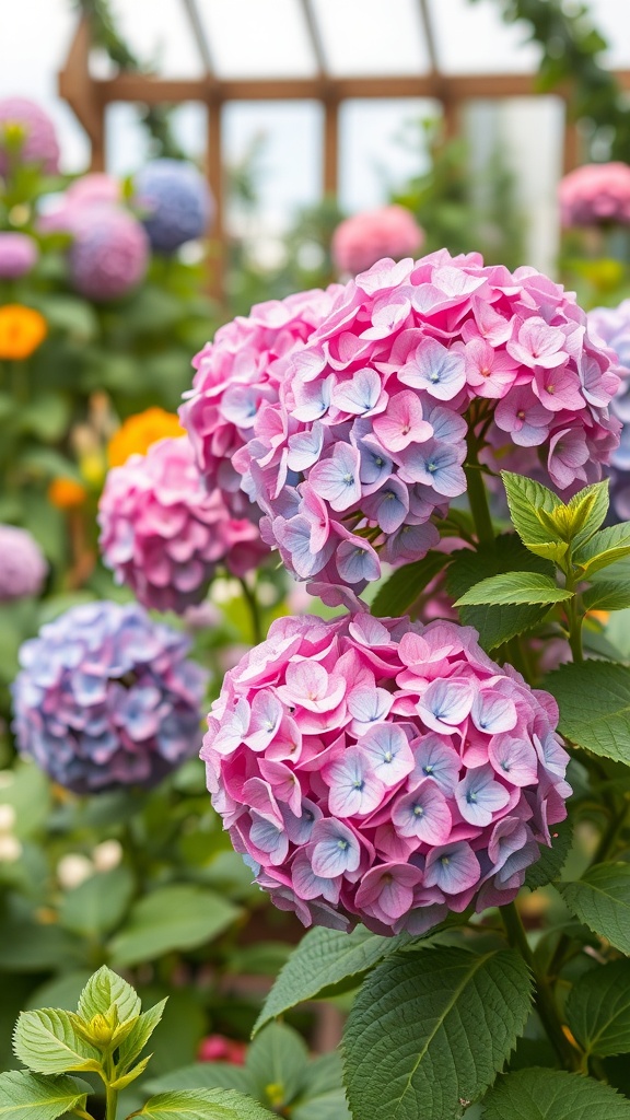 Colorful hydrangeas in a garden setting, showcasing pink and blue blooms.