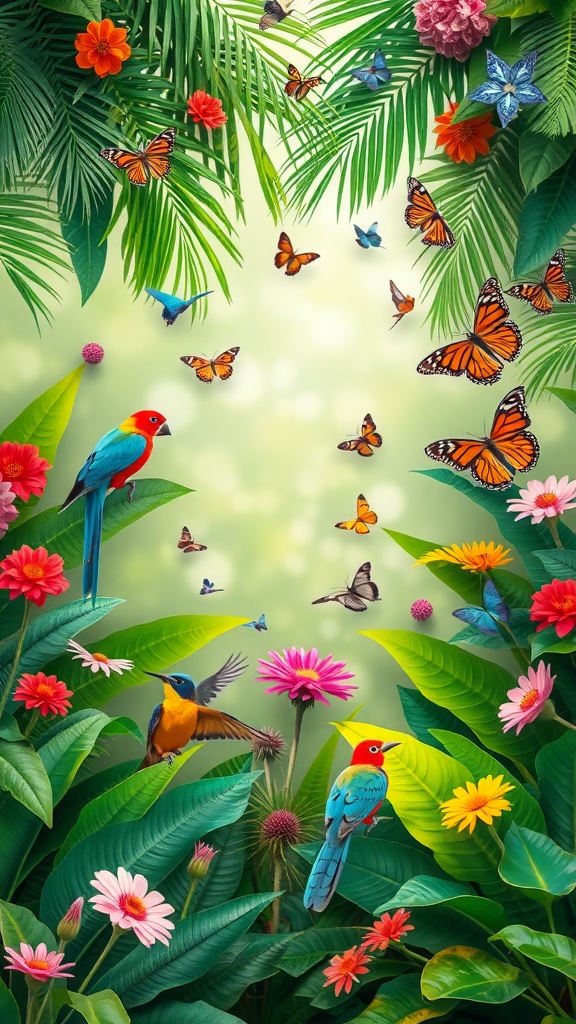 A vibrant tropical garden filled with colorful birds and butterflies among lush greenery and flowers.