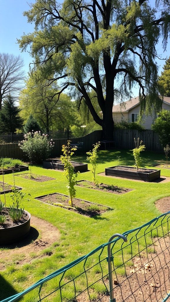 A sunny garden with raised beds arranged neatly on green grass, surrounded by trees and a fence.