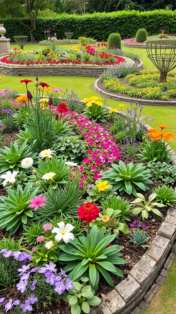 A colorful garden with softly curved flower beds filled with various blooming flowers.
