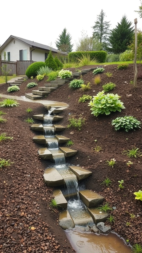 A sloped garden featuring stone steps and a water feature for drainage and erosion control.
