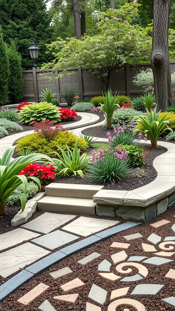 A beautifully landscaped garden featuring geometric stone beds, colorful flowers, and curved pathways.