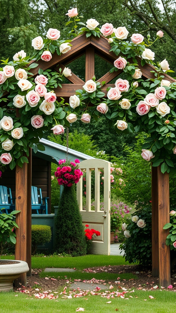 A wooden arbor covered in pink and white roses, leading to a garden with a door and colorful flowers.
