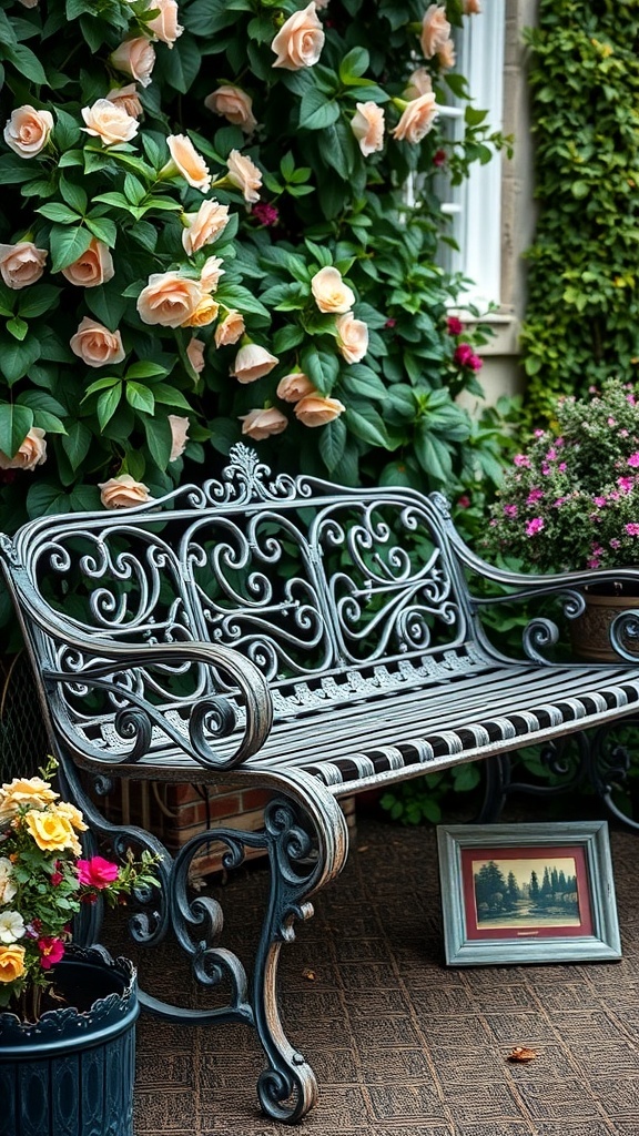 A vintage wrought iron garden bench surrounded by blooming flowers and greenery.