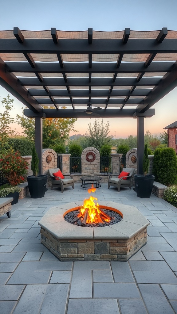 A cozy fire pit garden featuring a stylish pergola, comfortable seating, and a warm fire.