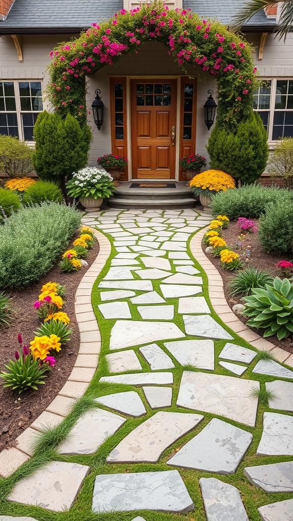 A beautiful front yard garden with a stone pathway, colorful flowers, and a welcoming entrance.