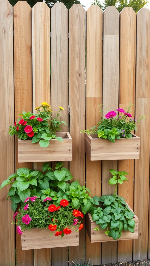 Wooden fence with vertical planters filled with colorful flowers and greenery