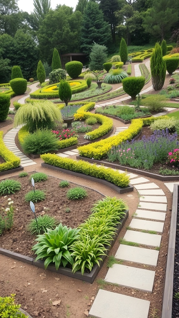 A sloped garden with winding paths and colorful plants.
