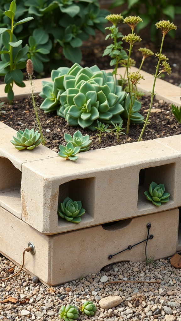 A cinder block garden bed with succulents and plants growing in it.