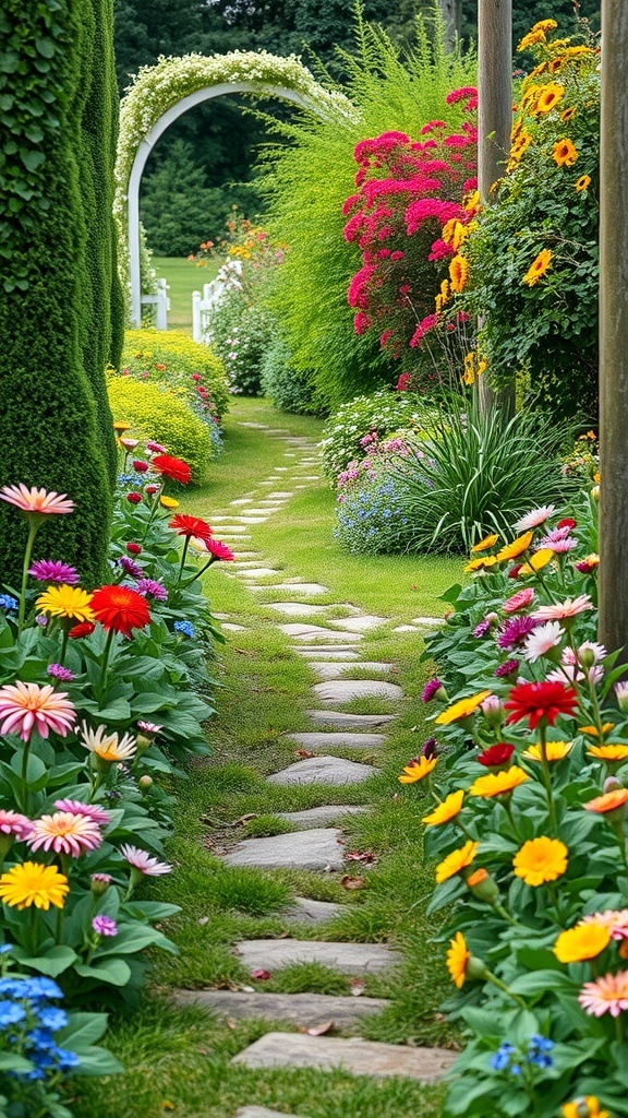 A picturesque garden path lined with colorful flowers, featuring a stone walkway and lush greenery.