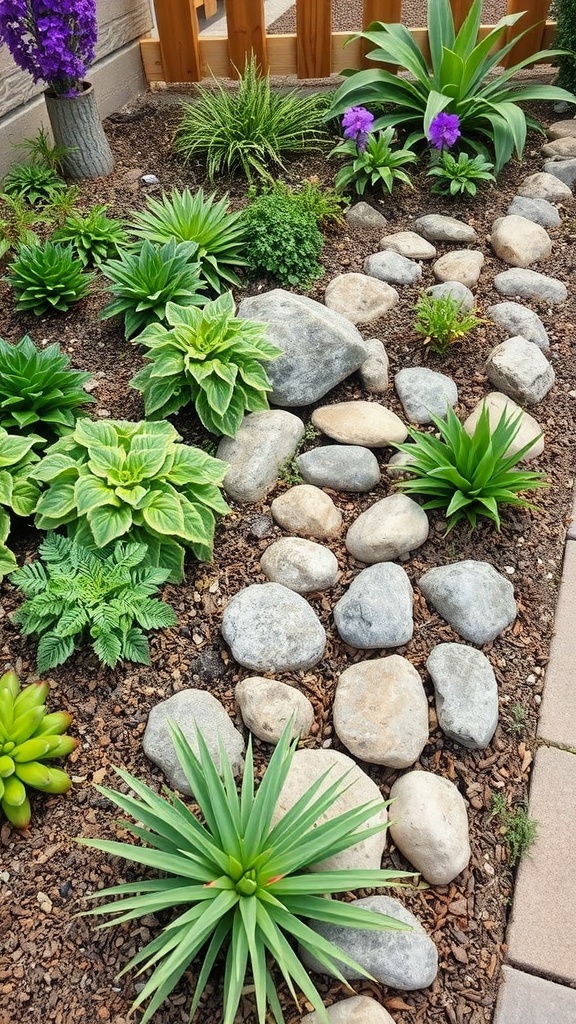 A decorative garden layout featuring plants, stones, and a statue.