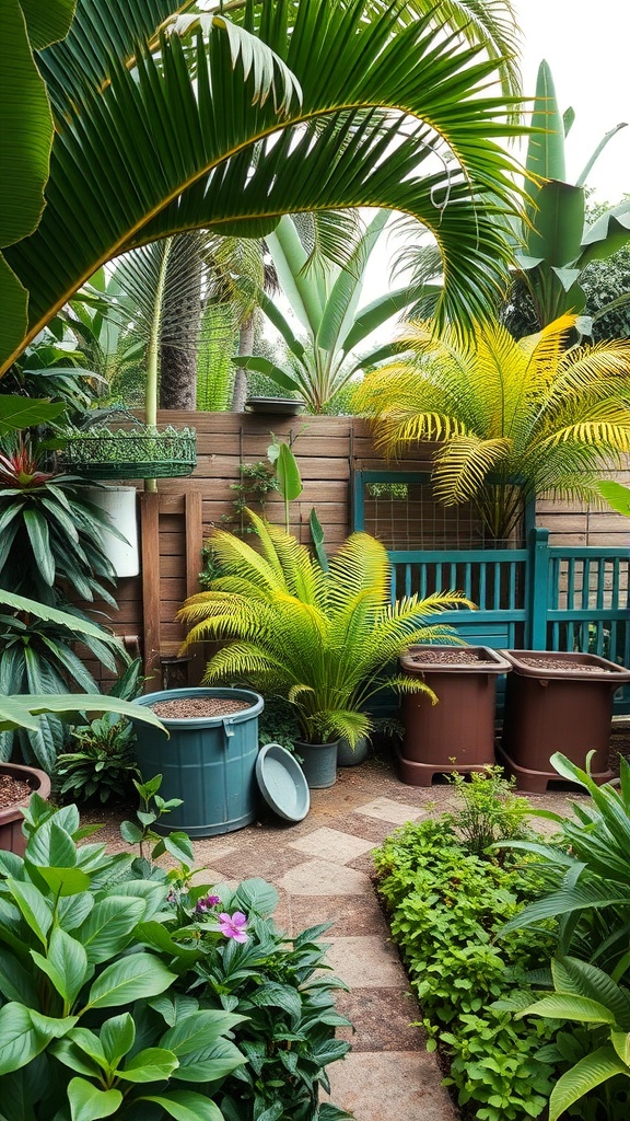 A vibrant tropical garden with various plants in pots and a stone pathway.