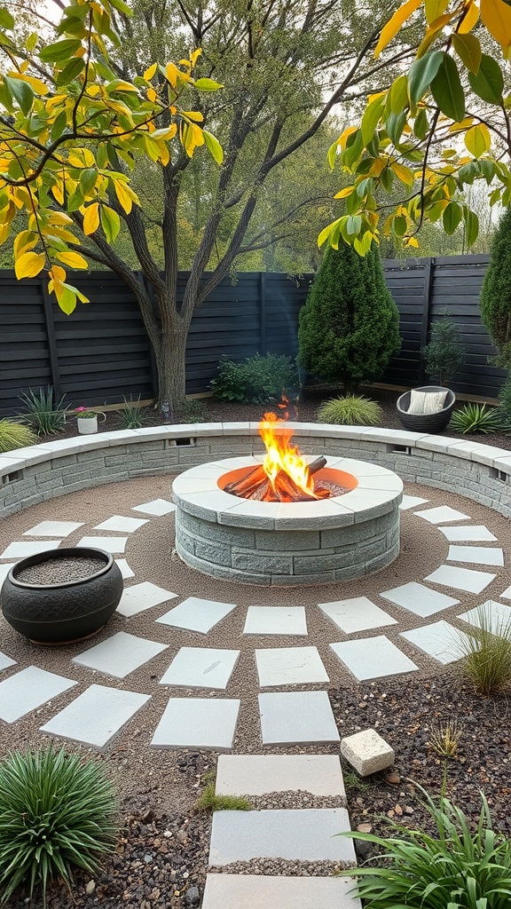 A circular fire pit surrounded by stones and plants, creating a cozy garden space.
