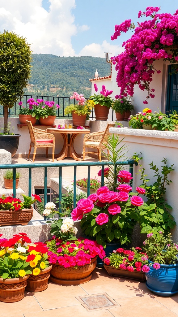 A vibrant terrace garden featuring pink bougainvillea, colorful flowers in pots, and a scenic view.