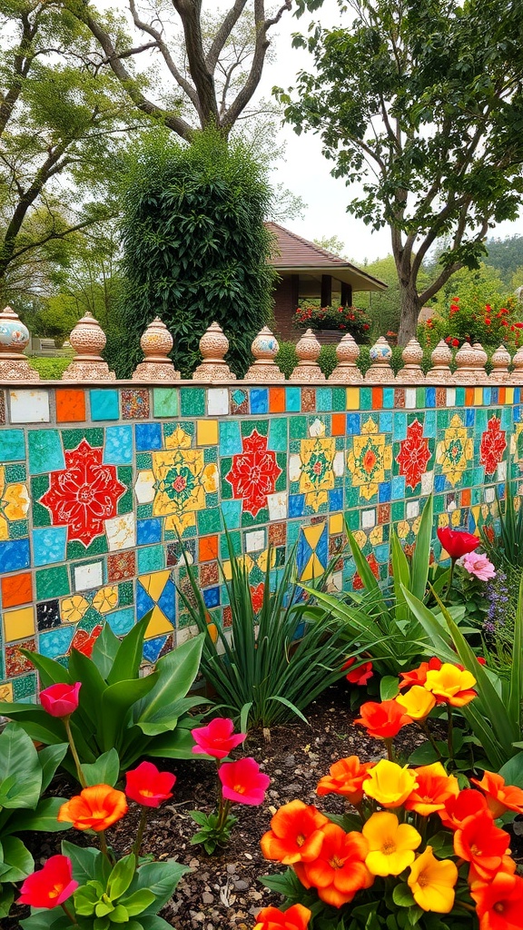 A vibrant mosaic tile fence with colorful patterns surrounded by blooming flowers.