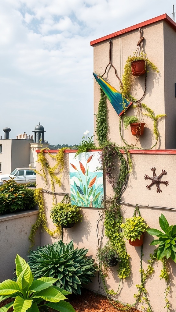 A vertical garden with colorful pots, lush greenery, and a floral painting on the wall.