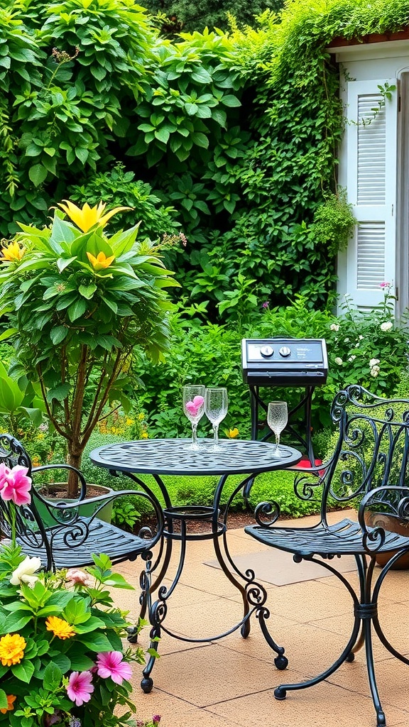 Chic garden furniture with a round table and elegant chairs surrounded by lush greenery and flowers.