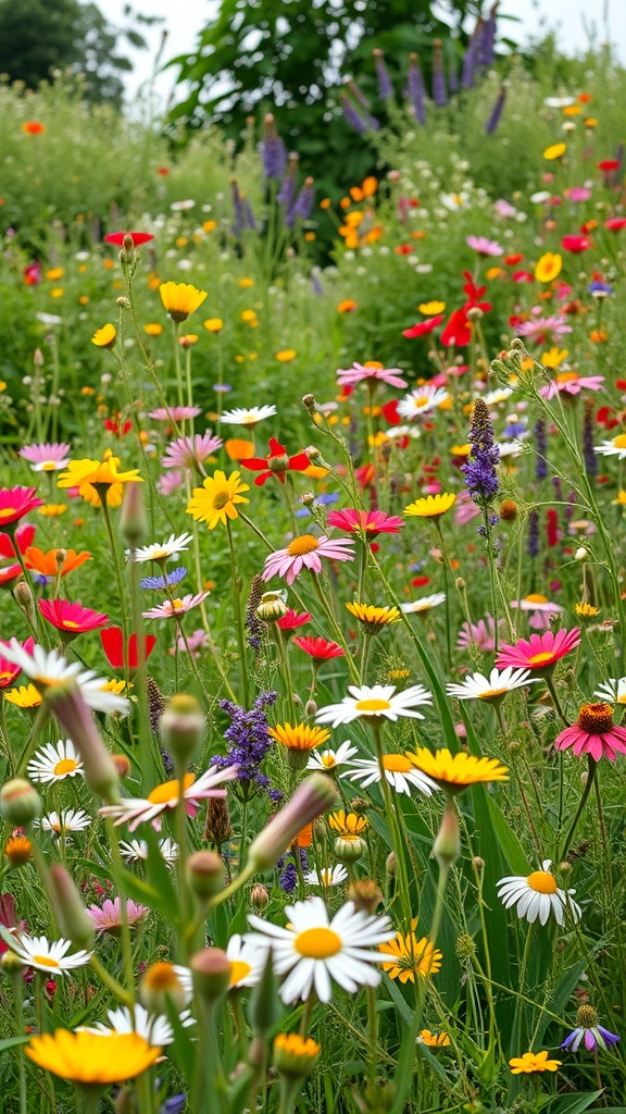 A colorful wildflower meadow filled with daisies, poppies, and various wildflowers.