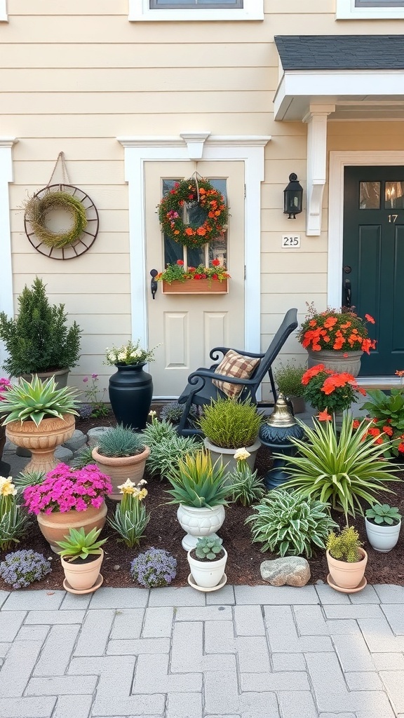 A front garden with colorful flowers and plants, featuring a cozy chair and decorative elements.
