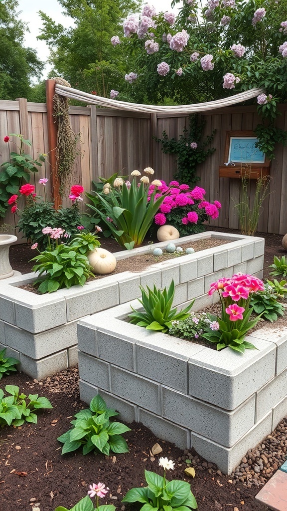 Cinder block raised garden bed with built-in seating, surrounded by colorful flowers and greenery.