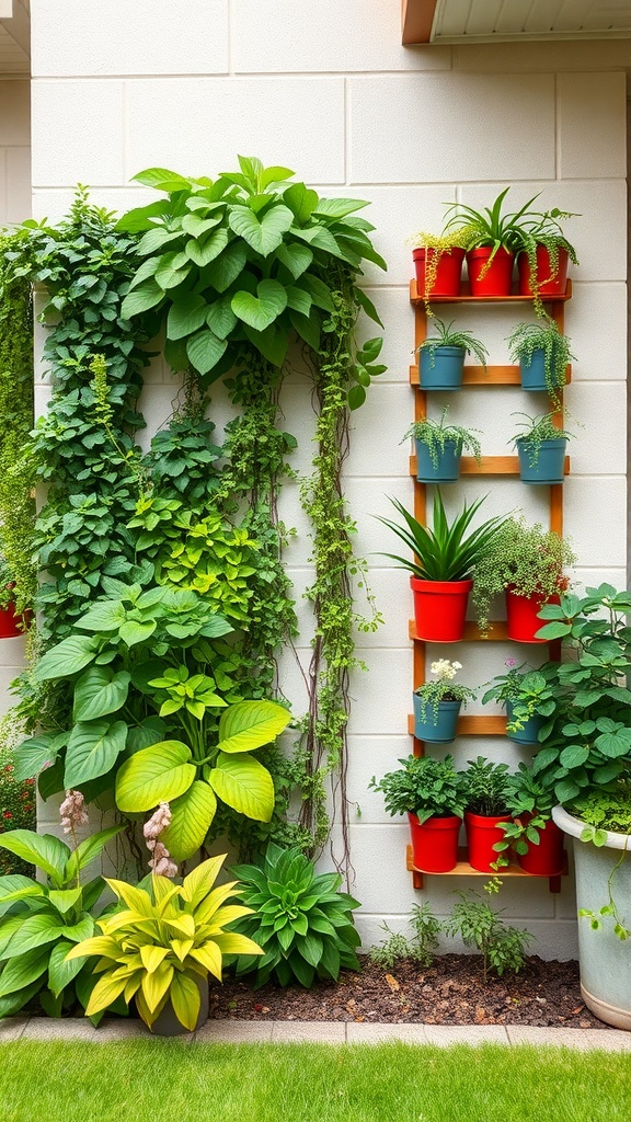 A vertical garden with various plants in pots attached to a wall, surrounded by lush green foliage.