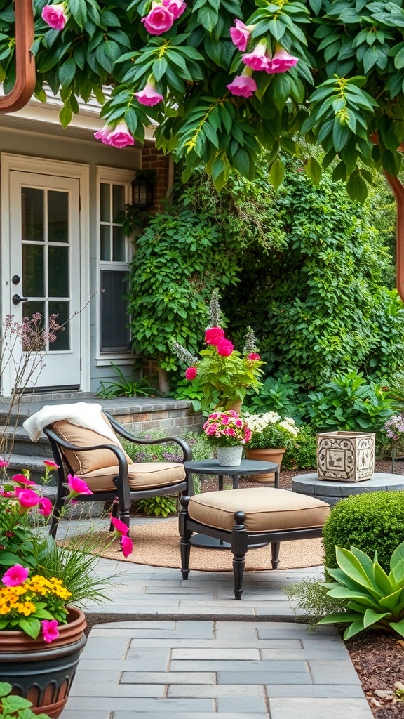 A cozy front yard seating area with chairs, a table, and vibrant flowers.