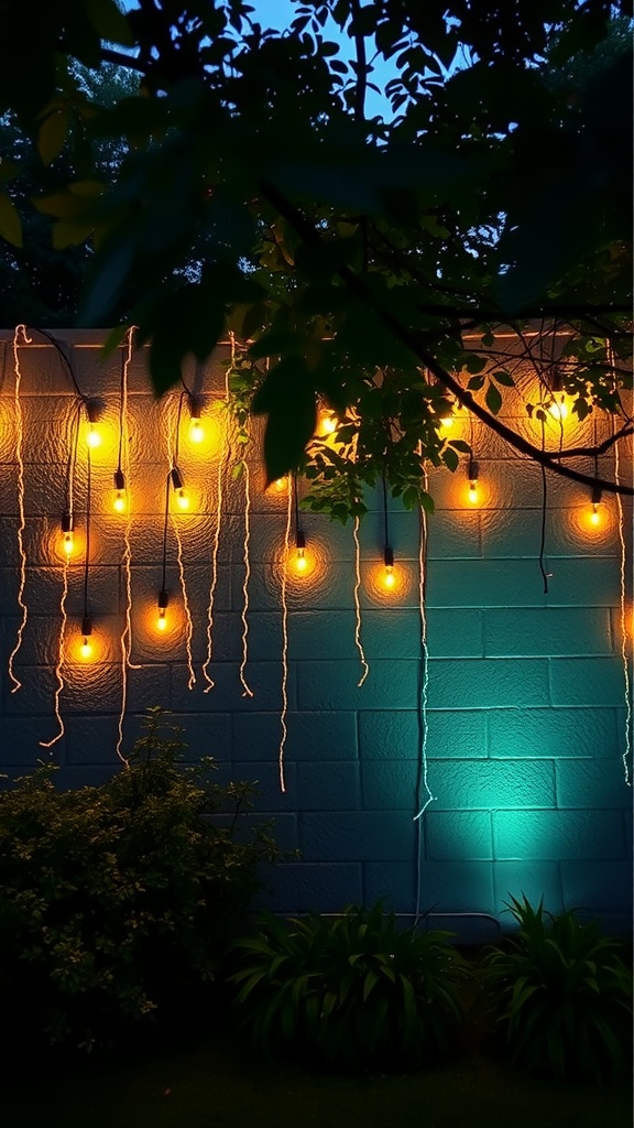 A garden wall with warm hanging lights and blue uplighting, surrounded by greenery.