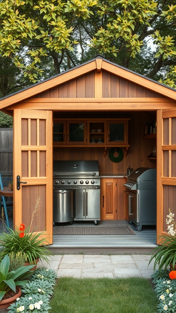 A garden shed with an outdoor kitchen, featuring a grill and wooden cabinets, surrounded by flowers and greenery.