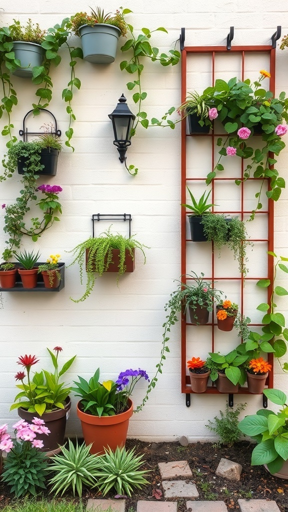 A vertical garden featuring various plants in pots and hanging arrangements on a wall.
