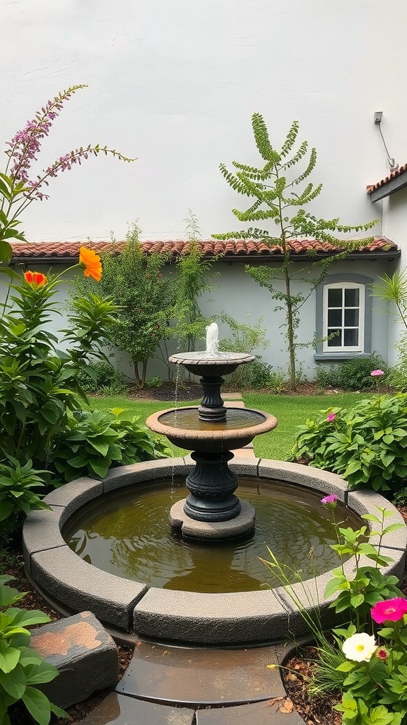 A small garden featuring a fountain surrounded by colorful flowers and greenery.