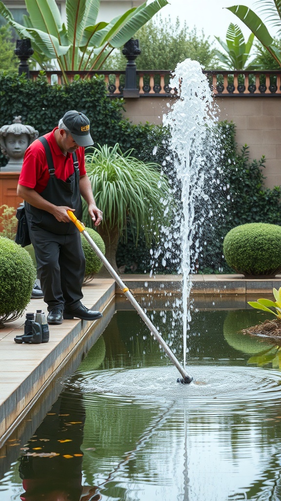 A person cleaning a garden water feature with a long pole, surrounded by lush greenery.