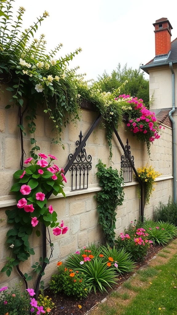 A stone garden wall adorned with colorful flowers and climbing plants, showcasing classic French garden design.