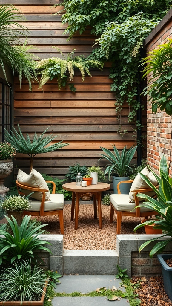 A cozy seating area in a small garden with two chairs and a table surrounded by lush plants.