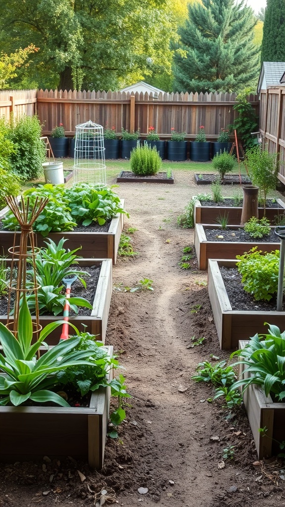 A raised garden bed layout with clear pathways and various plants.