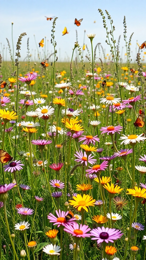 A vibrant wildflower meadow filled with colorful flowers and butterflies.