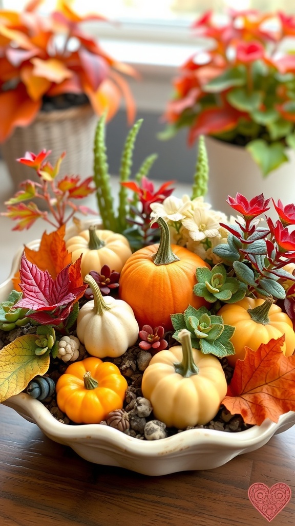 A decorative dish garden featuring autumn leaves, pumpkins, and succulents in a stylish bowl.