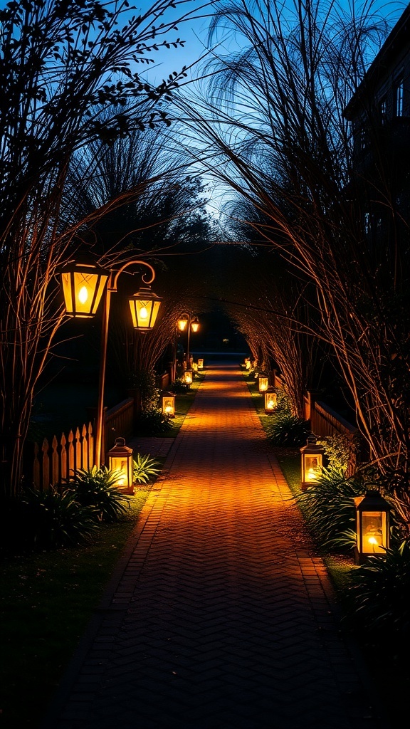 A beautifully lit garden path with lanterns on either side, surrounded by greenery and trees.