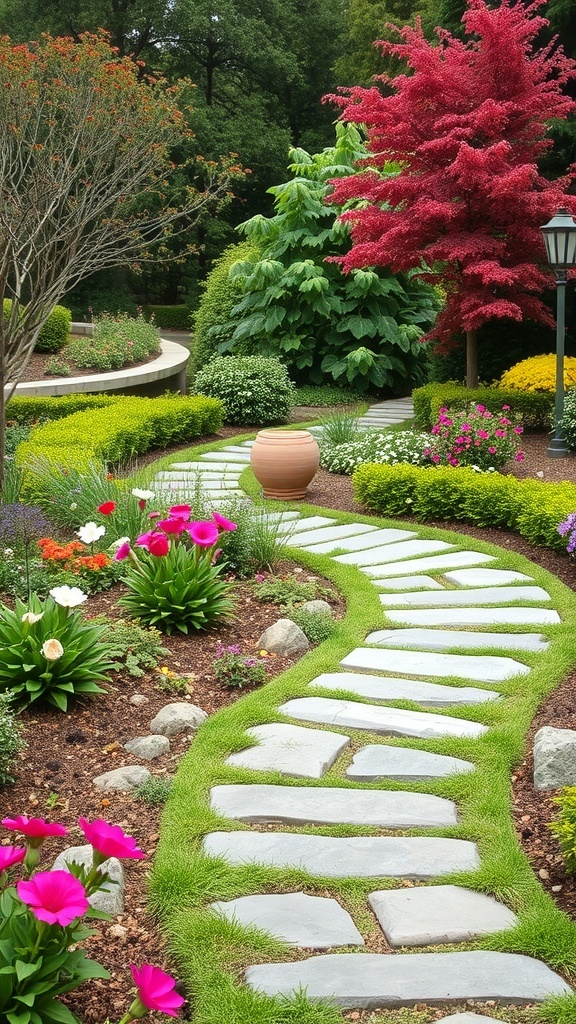 A beautifully designed curved pathway in a garden, lined with colorful flowers and greenery.
