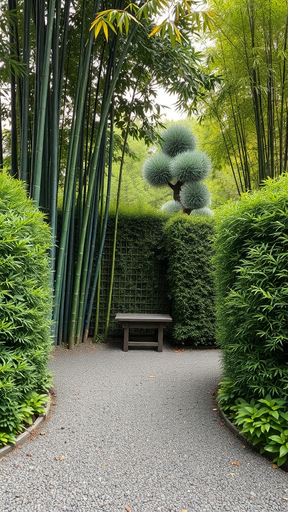 A serene pathway in a Japanese garden surrounded by tall bamboo and lush hedges, featuring a wooden bench.