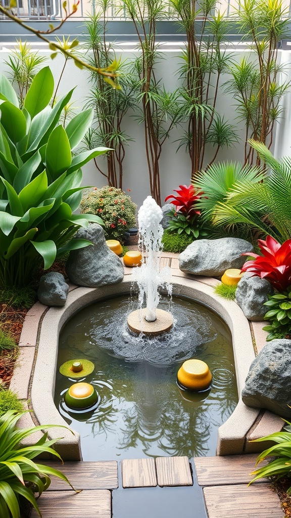A serene small garden featuring a pond with a fountain, surrounded by lush greenery and colorful plants.